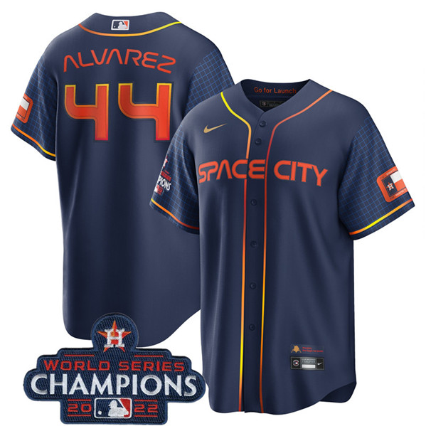 Youth Houston Astros #44 Yordan Alvarez Navy 2022 World Series Champions City Connect Stitched Baseball Jersey